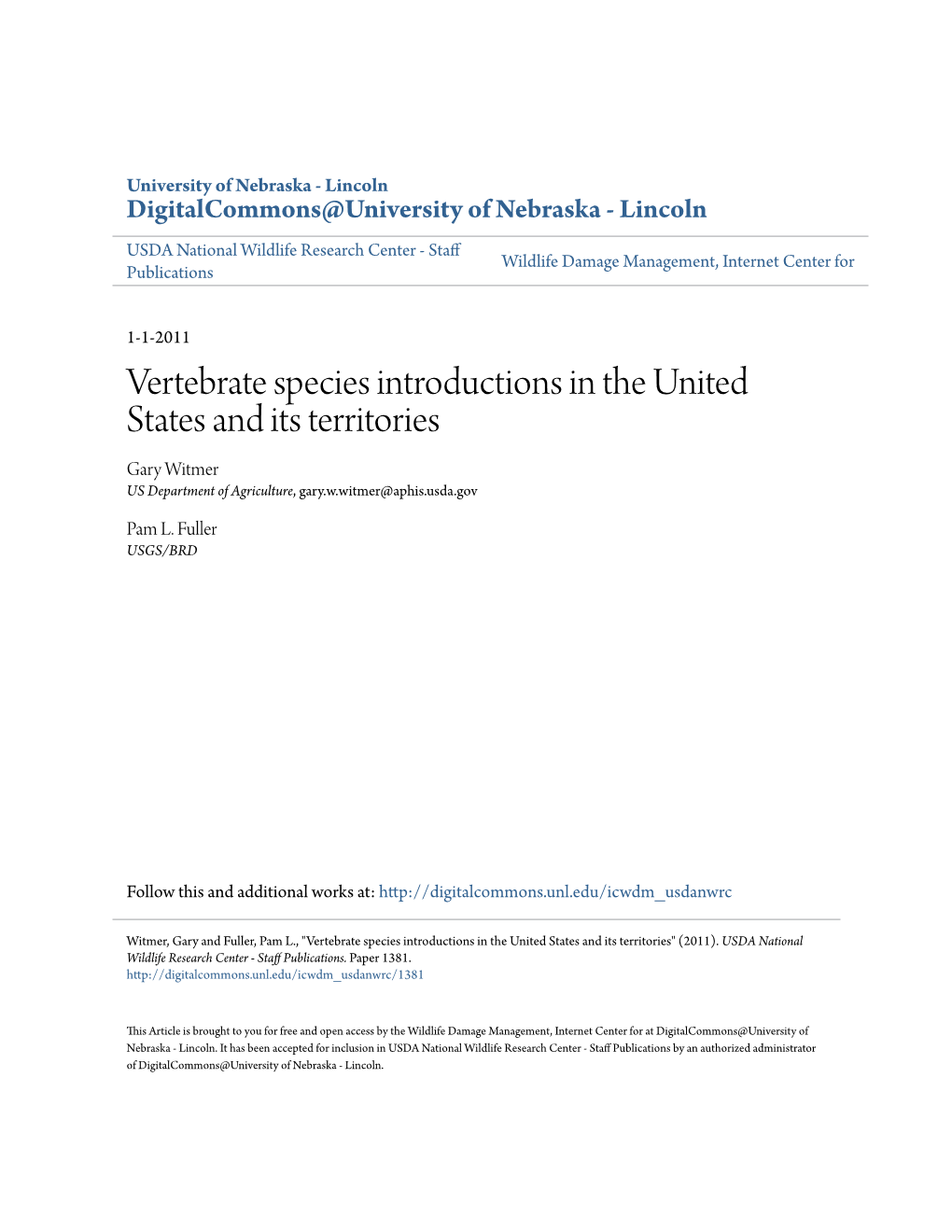 Vertebrate Species Introductions in the United States and Its Territories Gary Witmer US Department of Agriculture, Gary.W.Witmer@Aphis.Usda.Gov