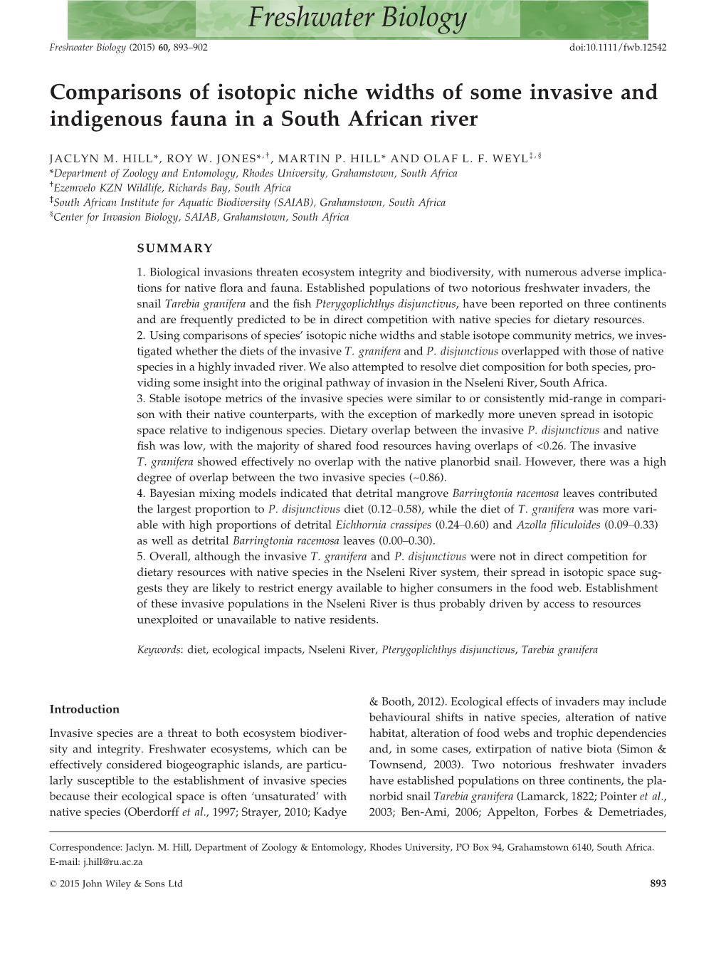 Comparisons of Isotopic Niche Widths of Some Invasive and Indigenous Fauna in a South African River