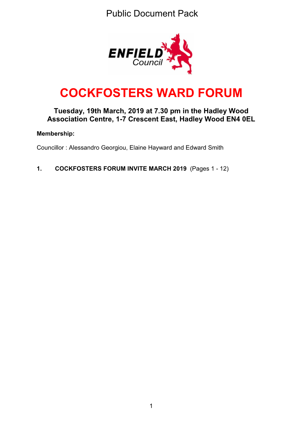 (Public Pack)Agenda Document for Cockfosters Ward Forum, 19/03