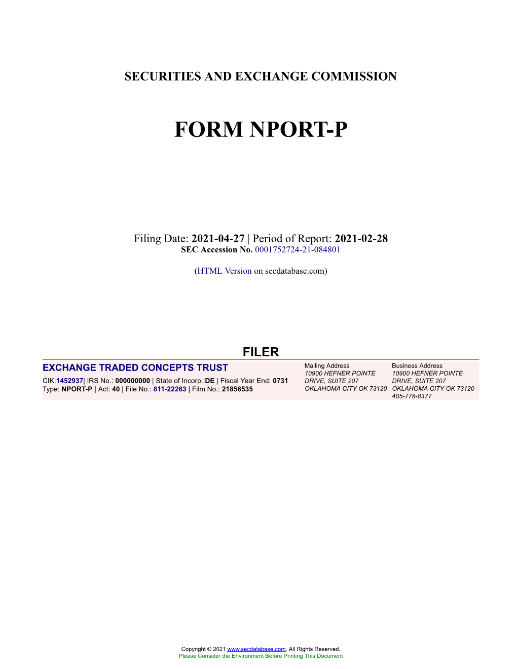 EXCHANGE TRADED CONCEPTS TRUST Form