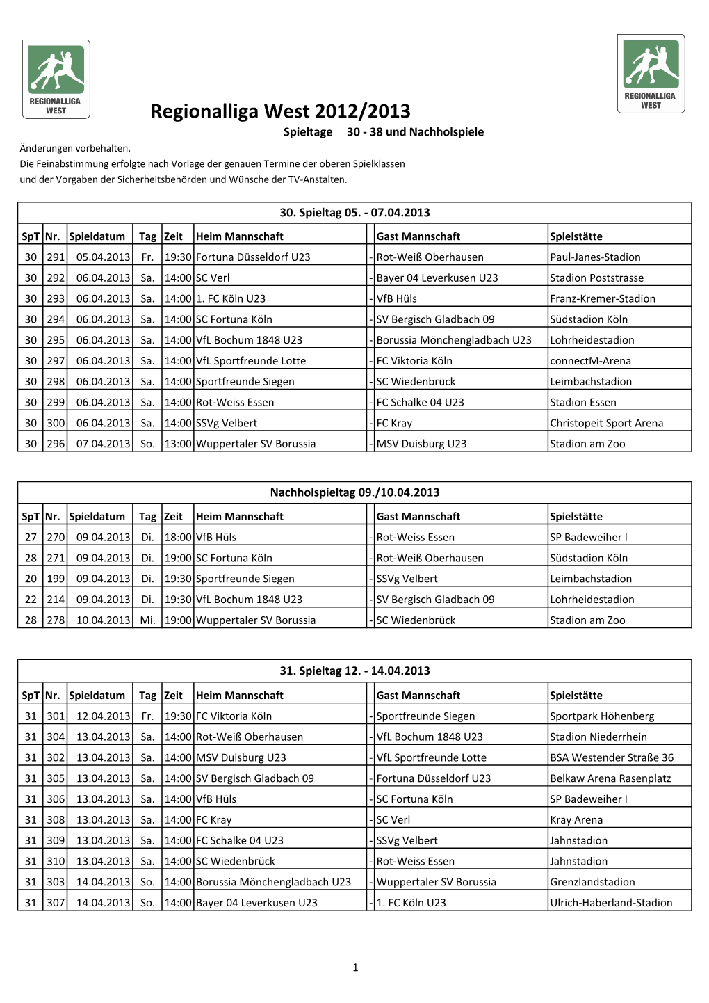 Regionalliga West 2012/2013 Spieltage 30 - 38 Und Nachholspiele Änderungen Vorbehalten