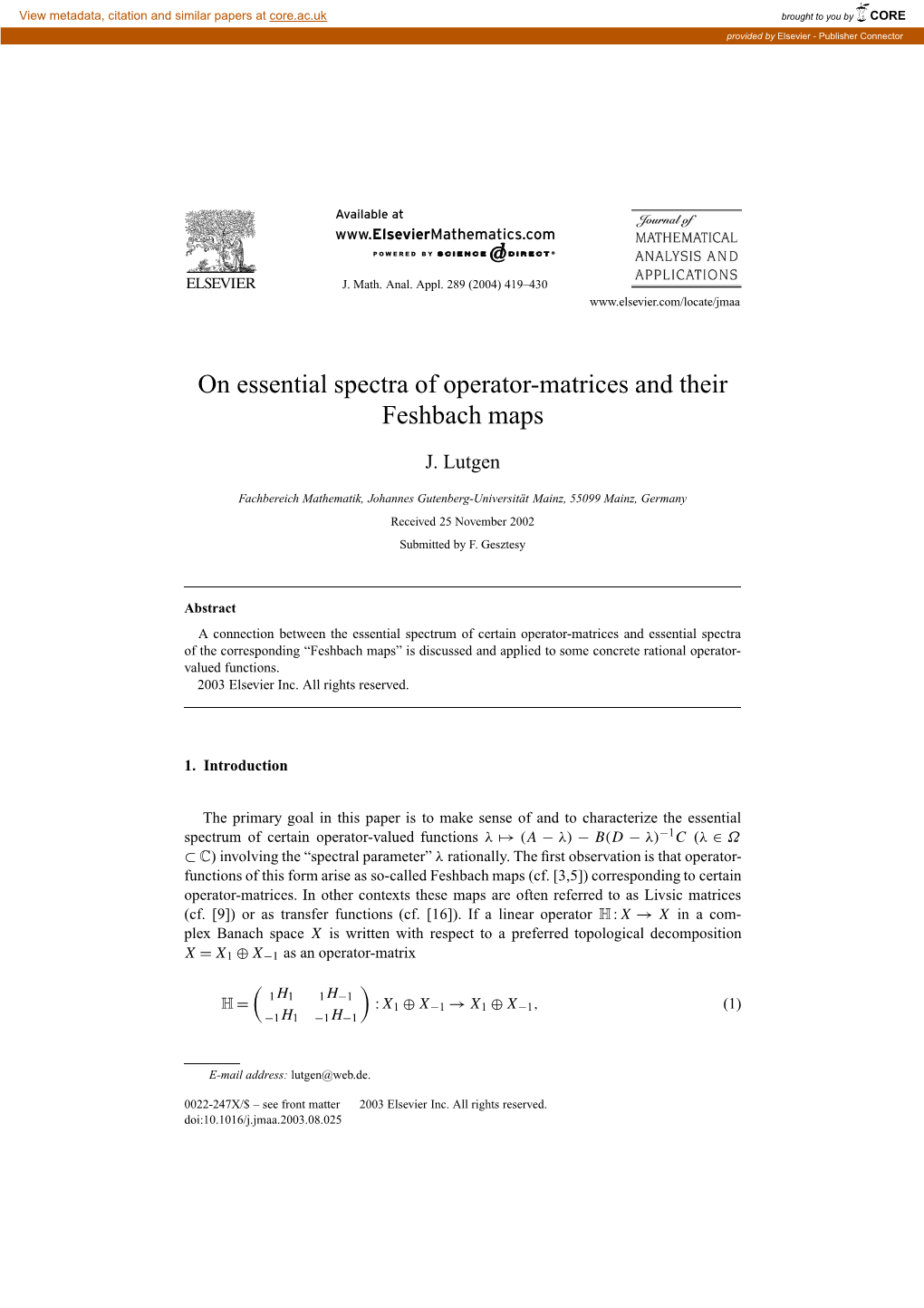 On Essential Spectra of Operator-Matrices and Their Feshbach Maps