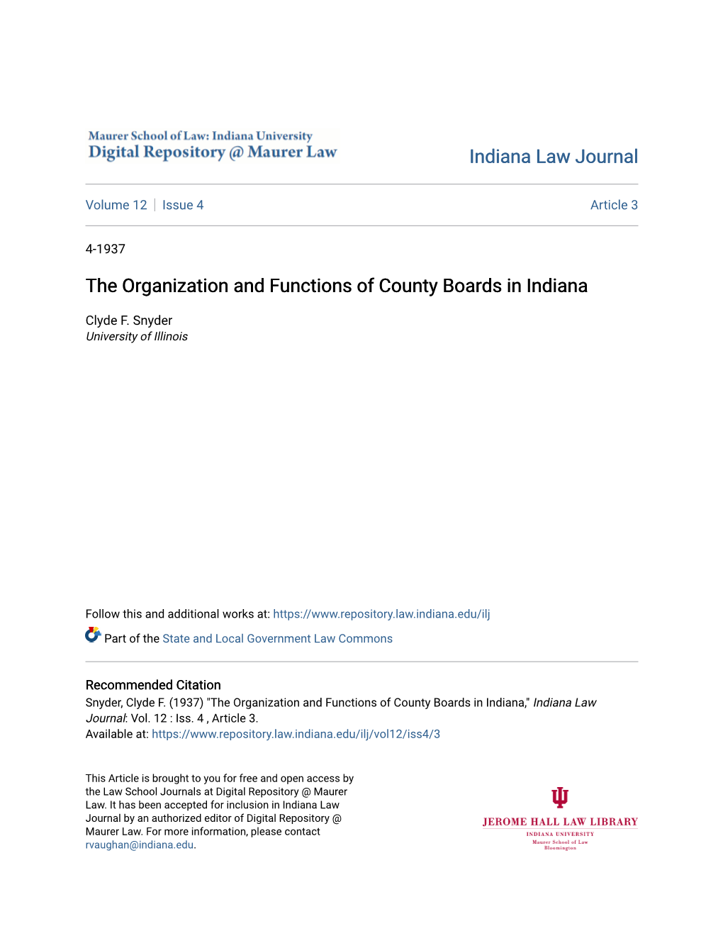 The Organization and Functions of County Boards in Indiana
