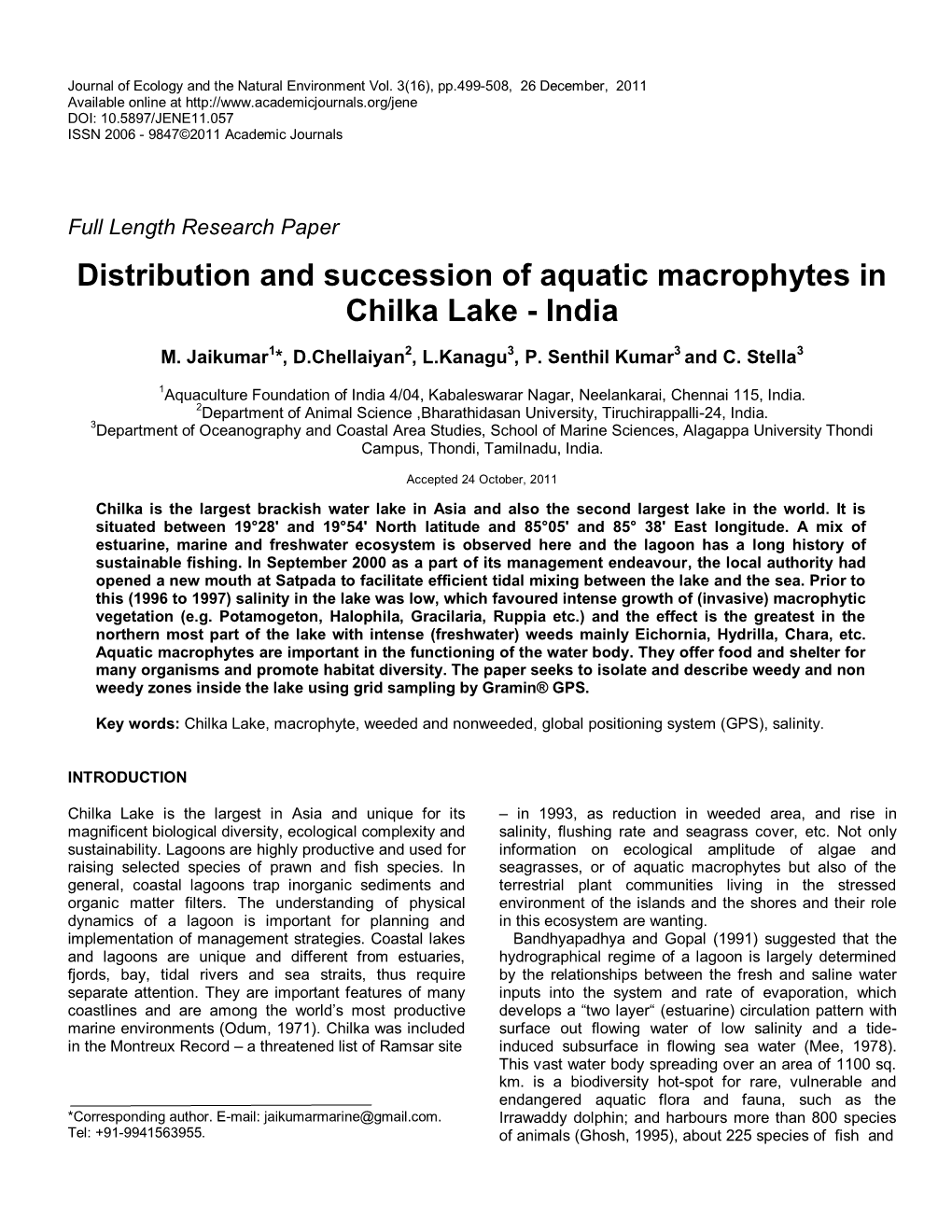 Grid Sampling and Distribution Pattern of Aquatic Macrophytes in Chilka