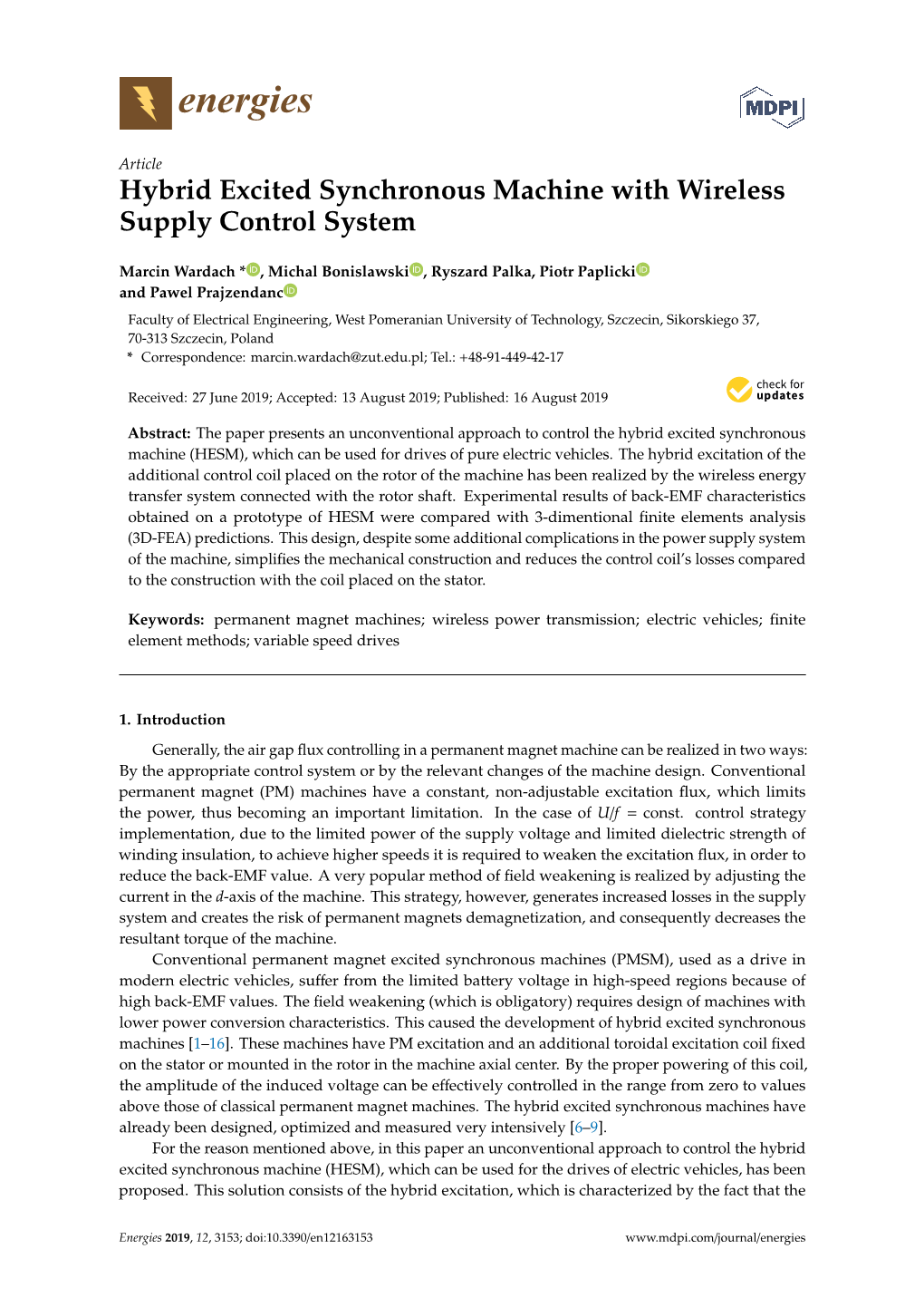 Hybrid Excited Synchronous Machine with Wireless Supply Control System