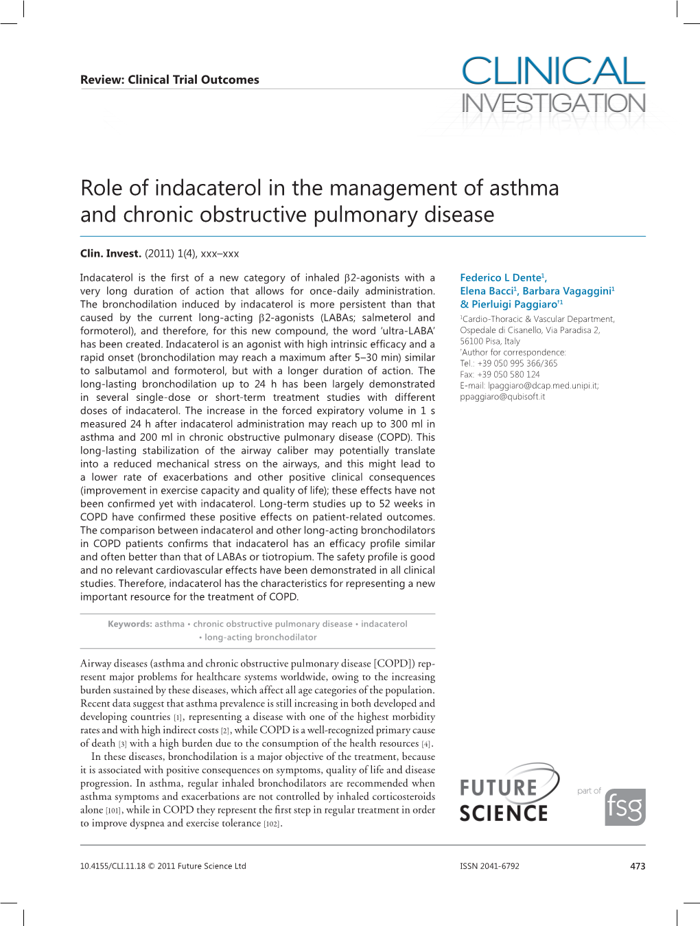 Role of Indacaterol in the Management of Asthma and Chronic Obstructive Pulmonary Disease