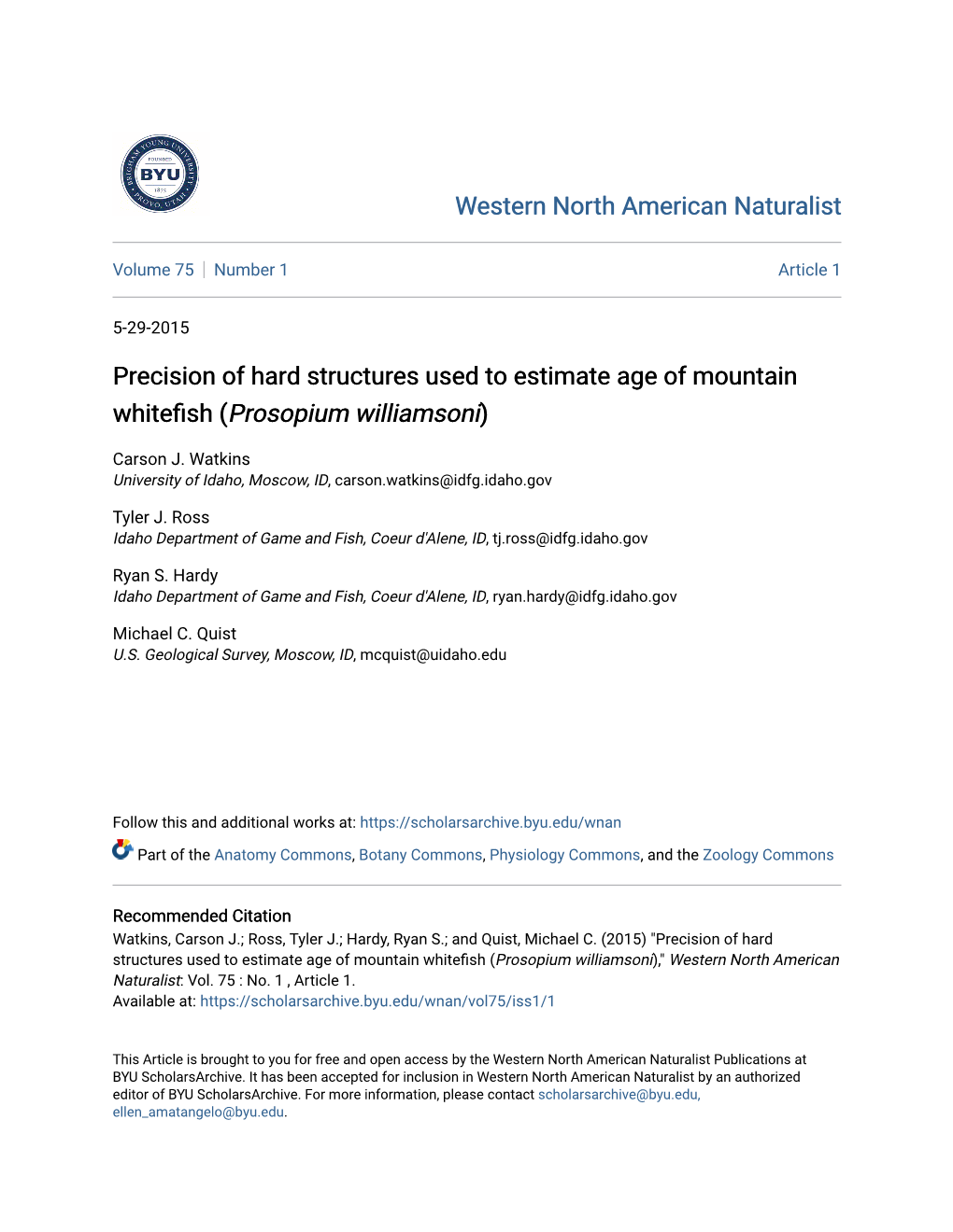 Precision of Hard Structures Used to Estimate Age of Mountain Whitefish (Prosopium Williamsoni)