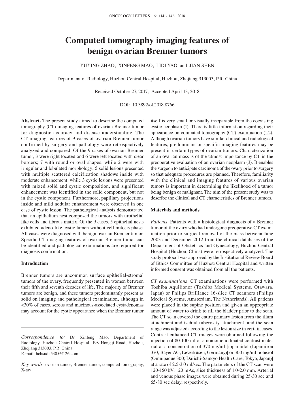 Computed Tomography Imaging Features of Benign Ovarian Brenner Tumors