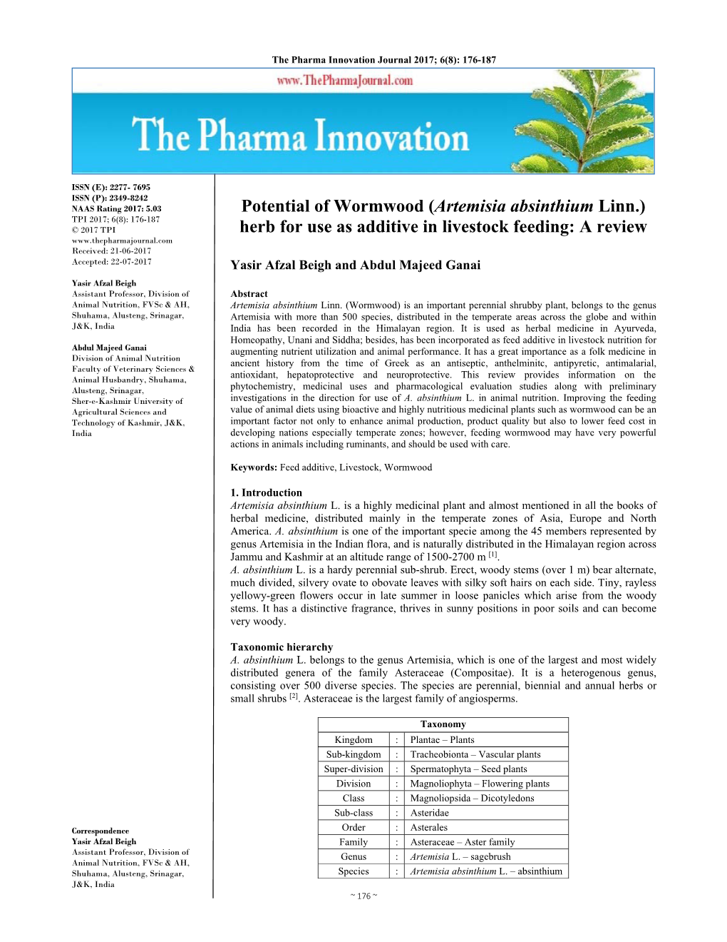 (Artemisia Absinthium Linn.) Herb for Use As Additive in Livestock Feeding