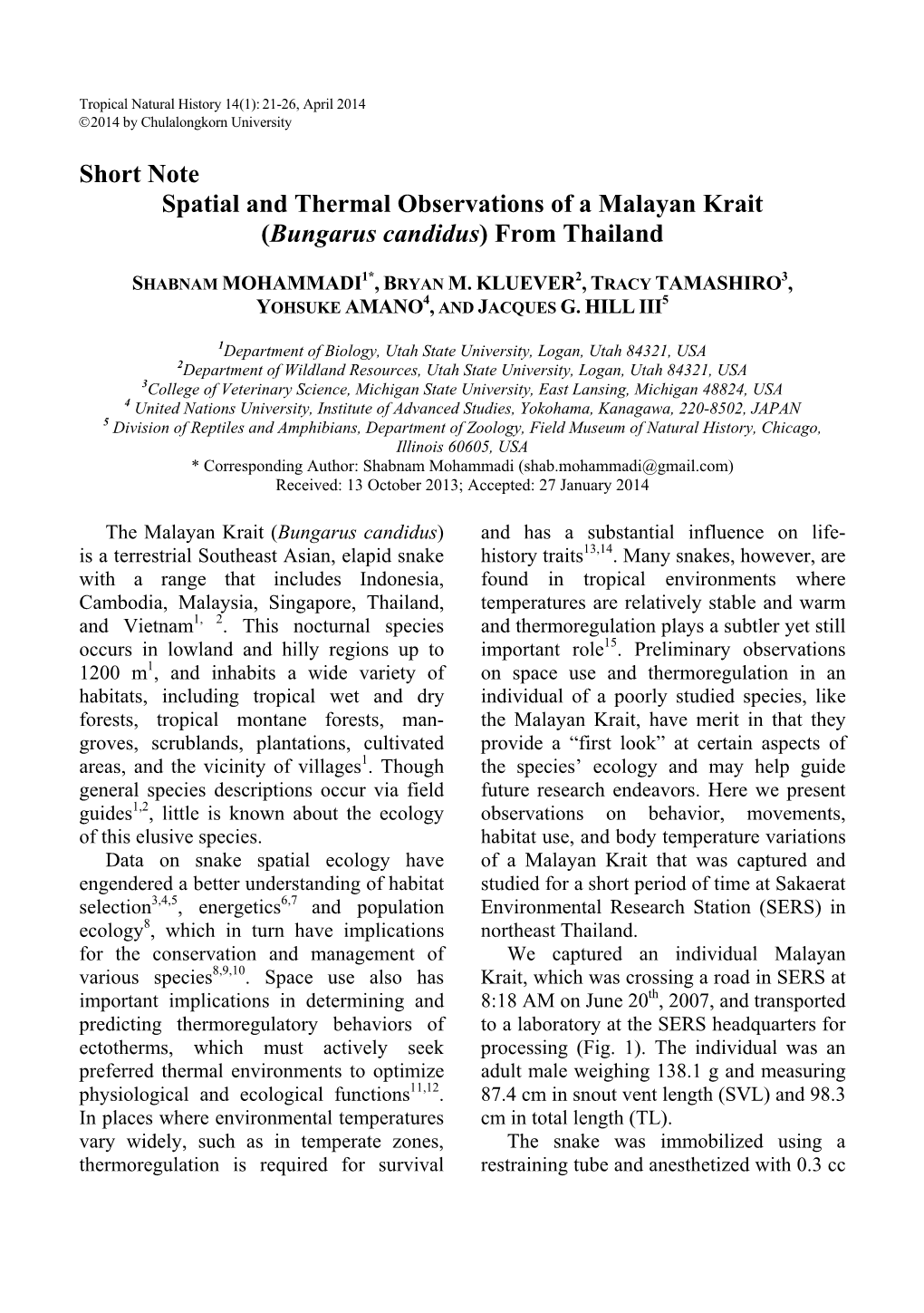 Spatial and Thermal Observations of a Malayan Krait (Bungarus Candidus) from Thailand