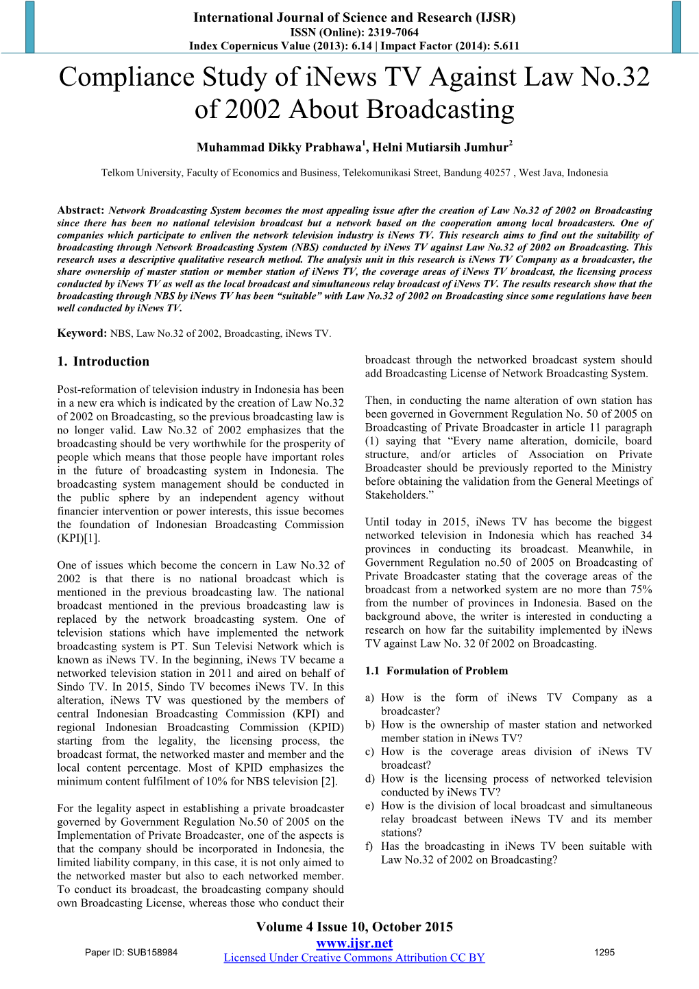 Compliance Study of Inews TV Against Law No.32 of 2002 About Broadcasting