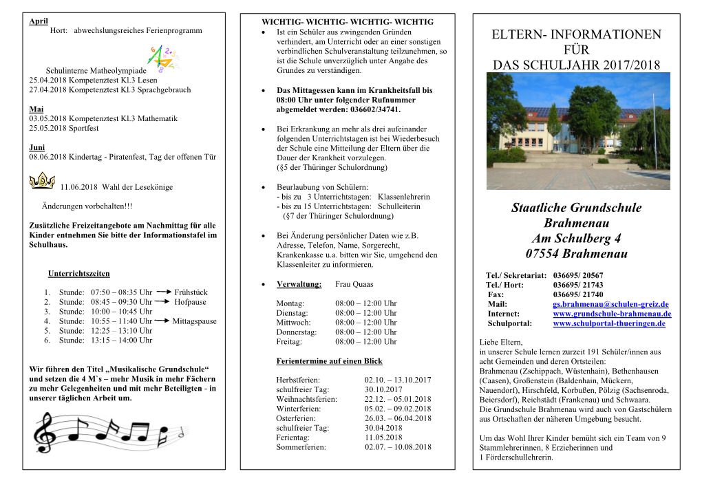 Eltern- Informationen Für Das Schuljahr 2017/2018