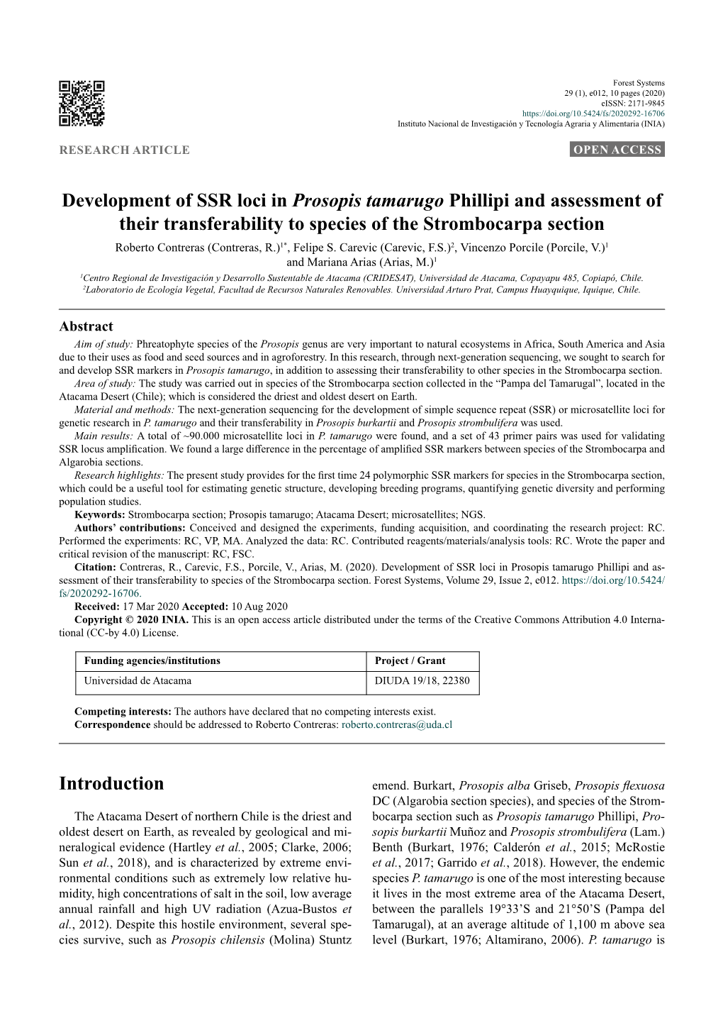 Development of SSR Loci in Prosopis Tamarugo Phillipi and Assessment