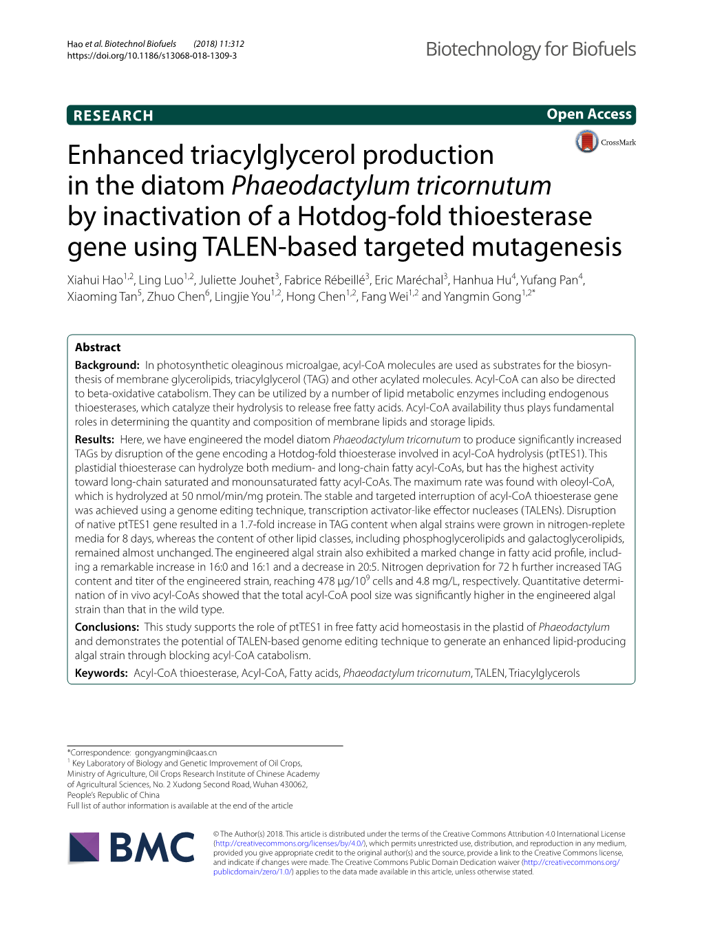 Enhanced Triacylglycerol Production in the Diatom Phaeodactylum