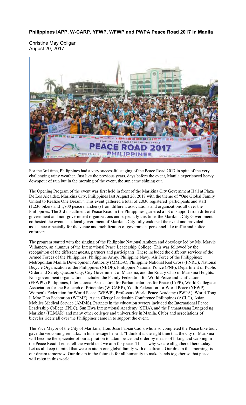 Philippines IAPP, W-CARP, YFWP, WFWP and PWPA Peace Road 2017 in Manila