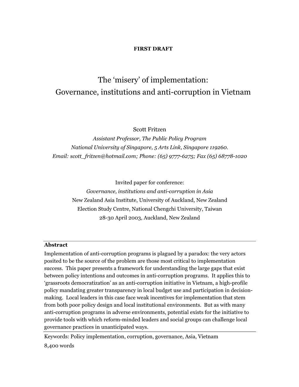 Governance, Institutions and Anti-Corruption in Vietnam
