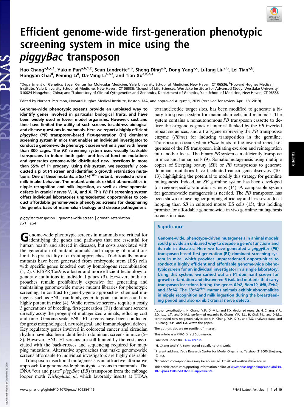 Efficient Genome-Wide First-Generation Phenotypic Screening System in Mice Using the Piggybac Transposon