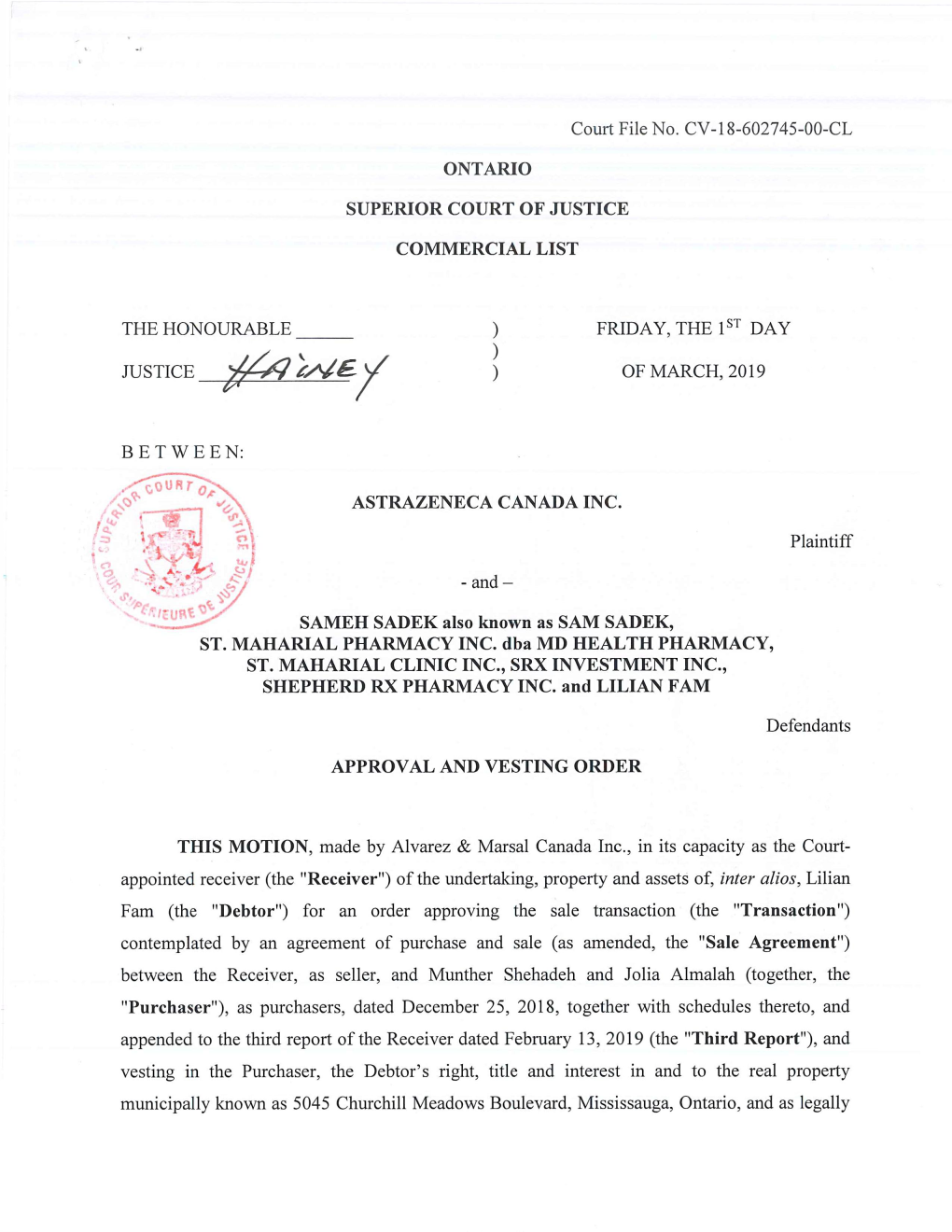 Approval and Vesting Order Re: 5045 Churchill Meadows