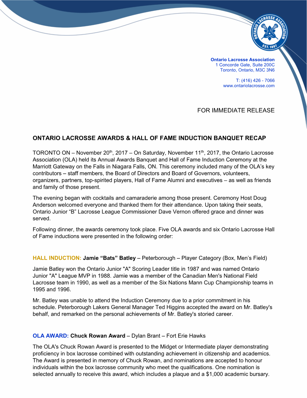 For Immediate Release Ontario Lacrosse Awards