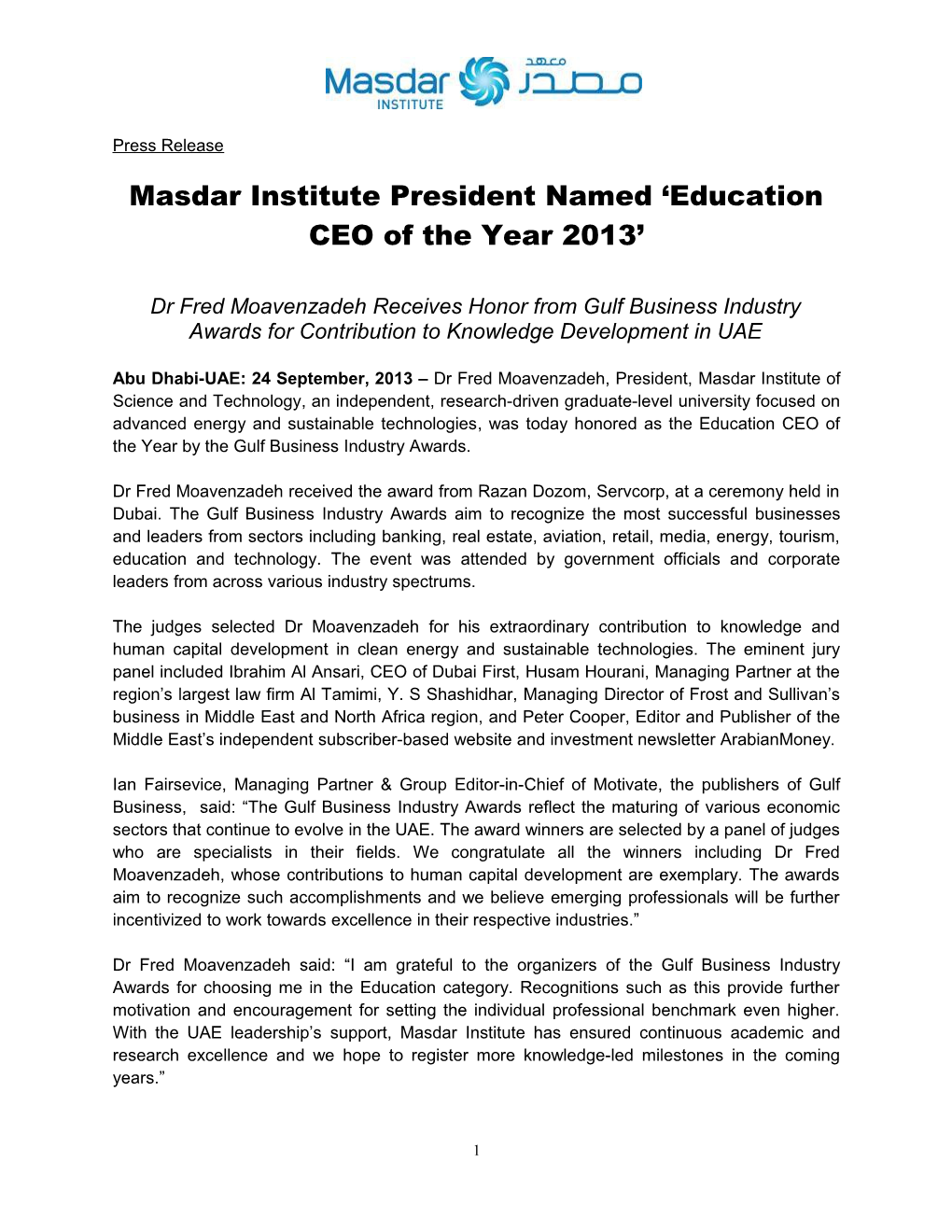 Masdar Institute President Named Education CEO of the Year 2013