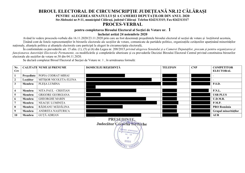 Biroul Electoral De Circumscripţie Judeţeană Nr.12 Călăraşi