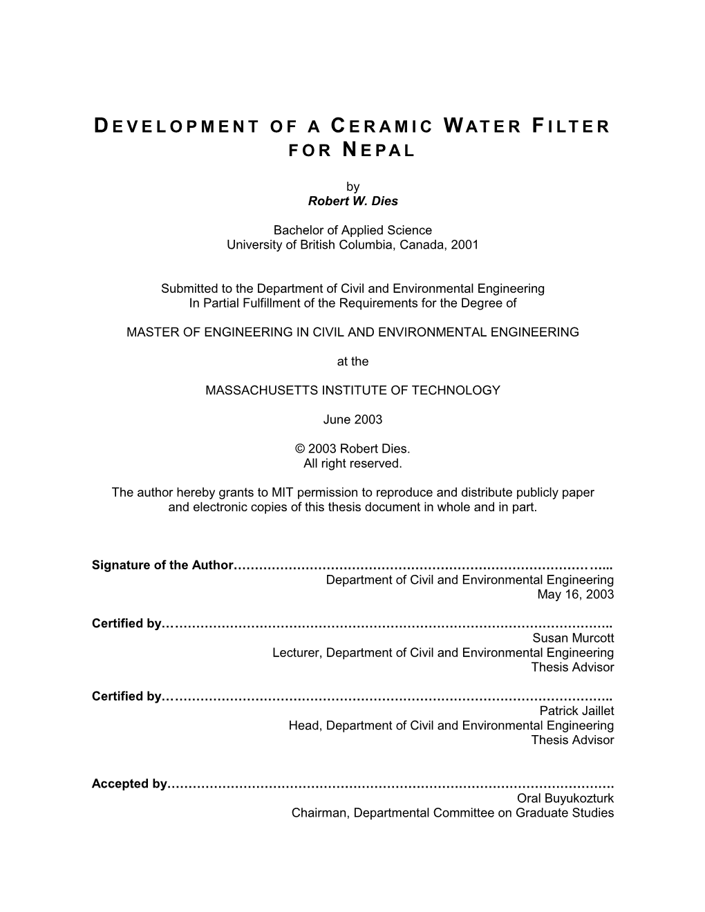 Development of a Ceramic Water Filter for Nepal