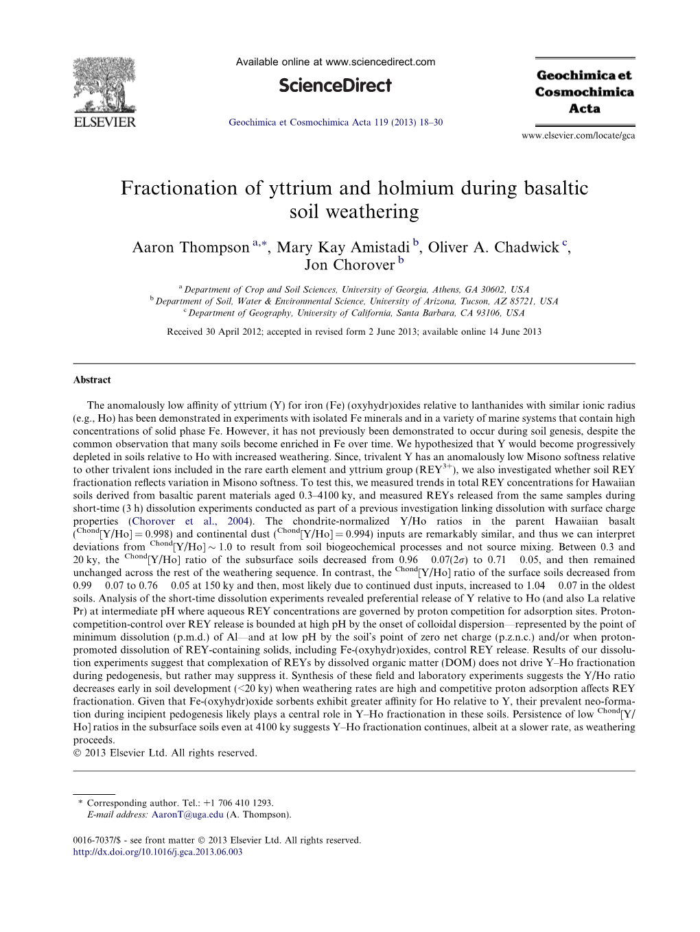 Fractionation of Yttrium and Holmium During Basaltic Soil Weathering