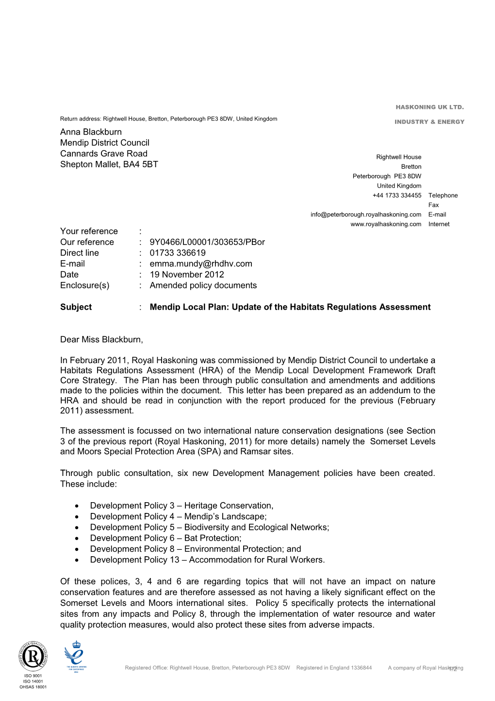 Letter Has Been Prepared As an Addendum to the HRA and Should Be Read in Conjunction with the Report Produced for the Previous (February 2011) Assessment