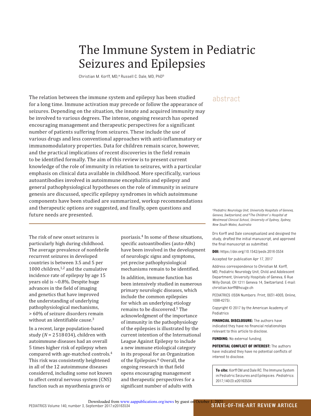 The Immune System in Pediatric Seizures and Epilepsies