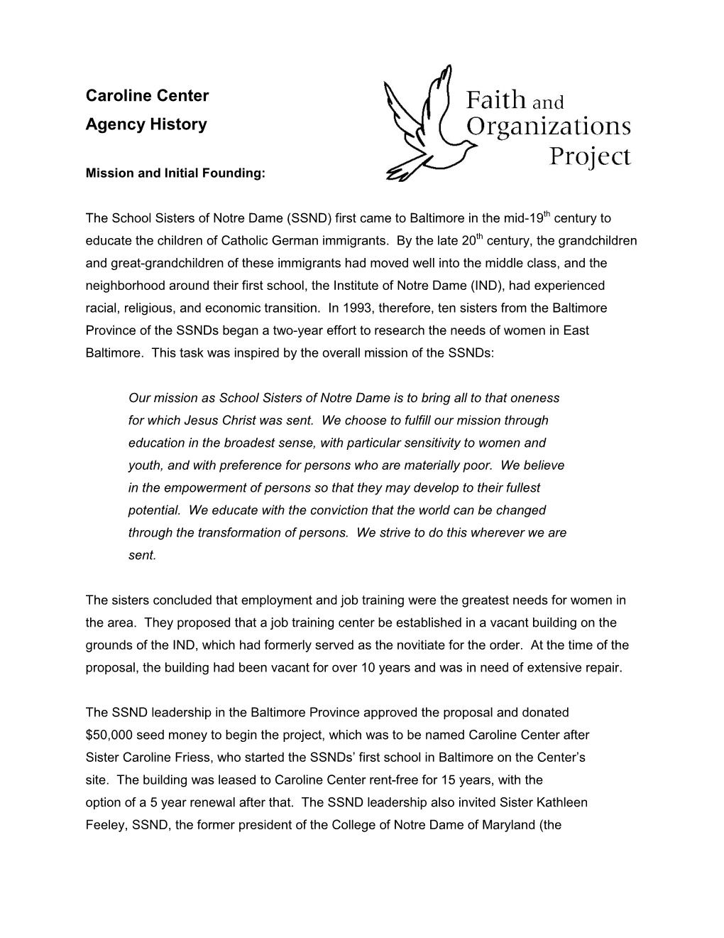 Caroline Center Agency History