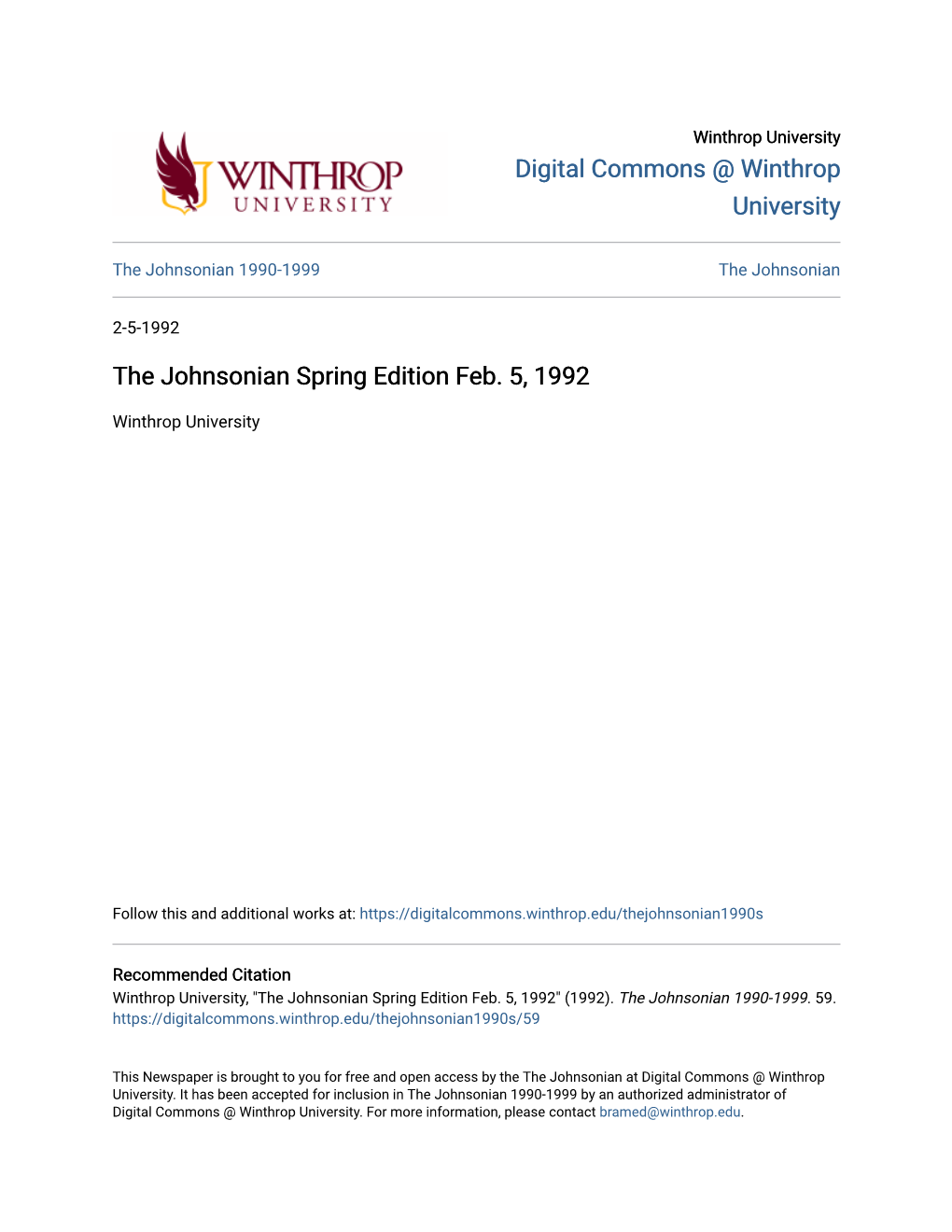 The Johnsonian Spring Edition Feb. 5, 1992