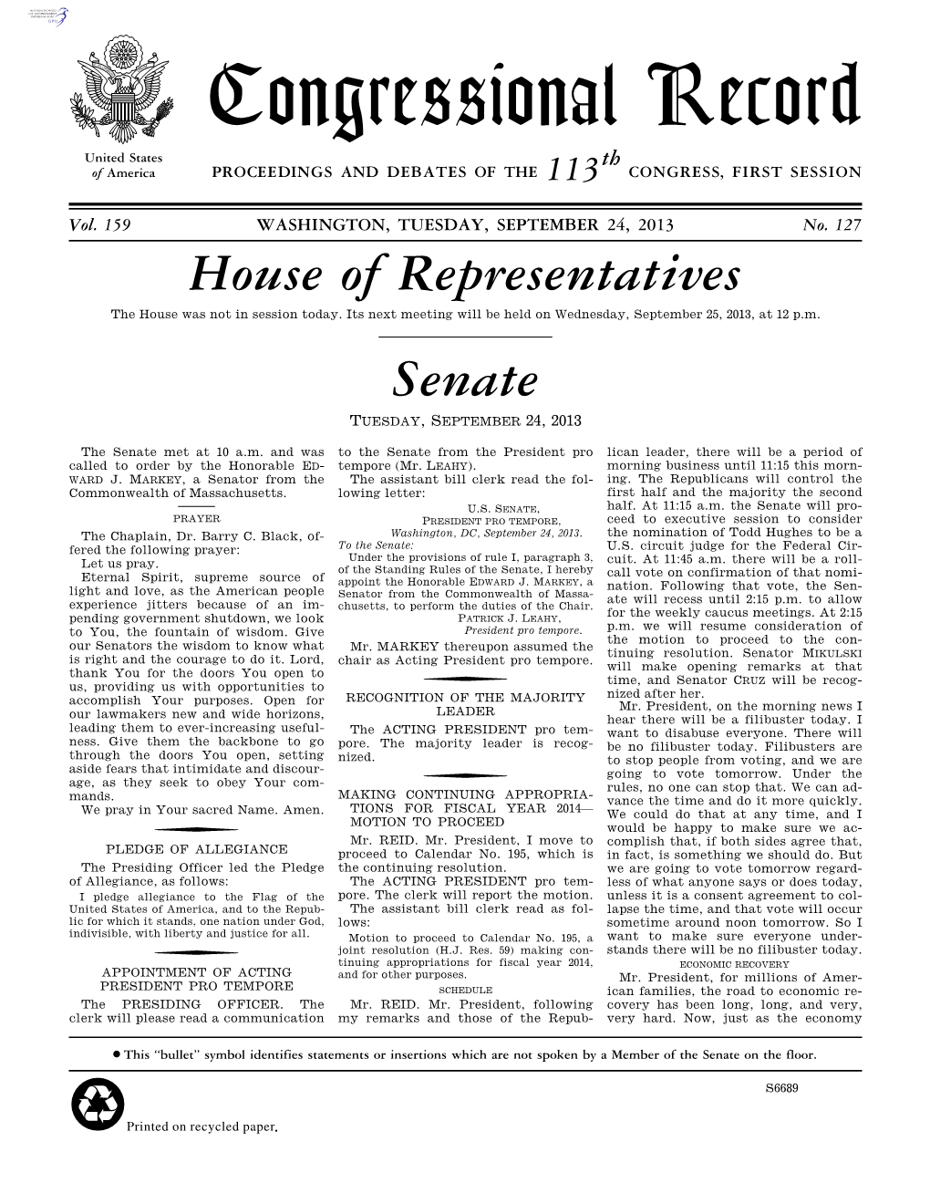 Congressional Record United States Th of America PROCEEDINGS and DEBATES of the 113 CONGRESS, FIRST SESSION