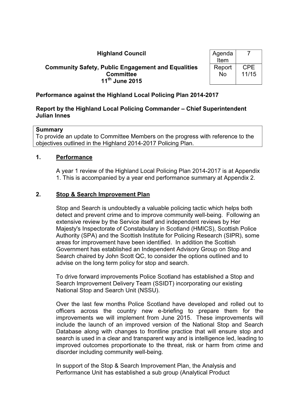 Performance Against the Highland Local Policing Plan 2014-17