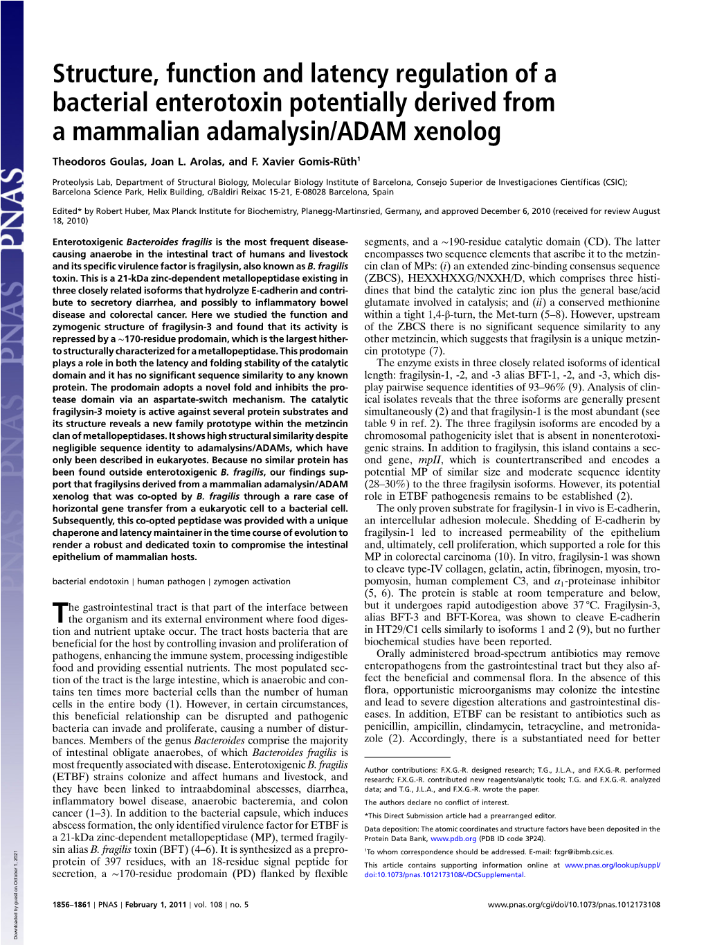 Structure, Function and Latency Regulation of a Bacterial Enterotoxin Potentially Derived from a Mammalian Adamalysin/ADAM Xenolog