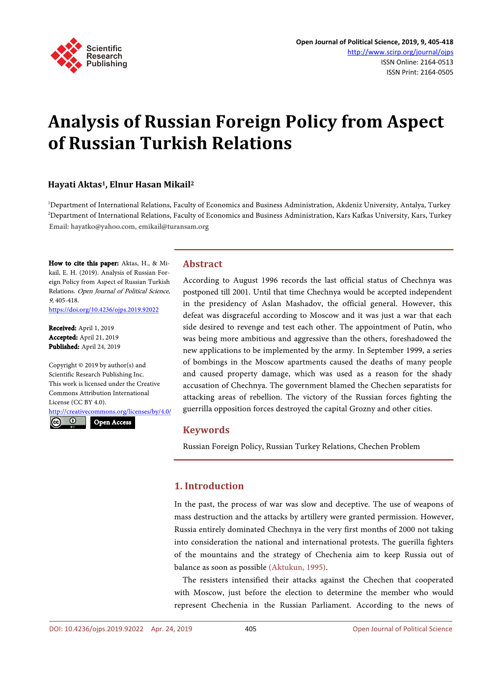 Analysis of Russian Foreign Policy from Aspect of Russian Turkish Relations