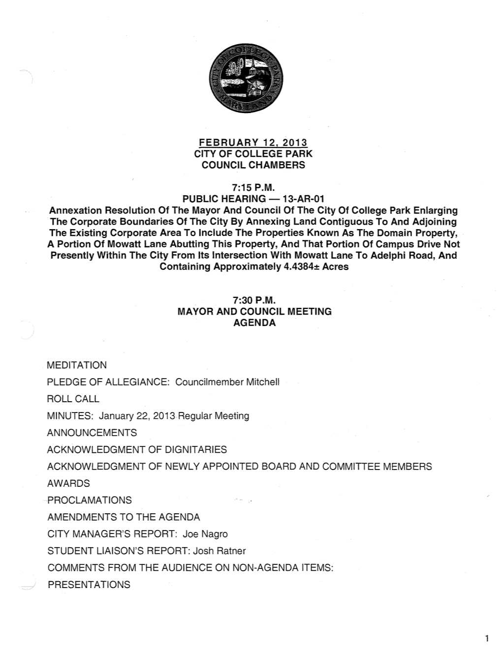 13-AR-01 Annexation Resolution of the Mayor A