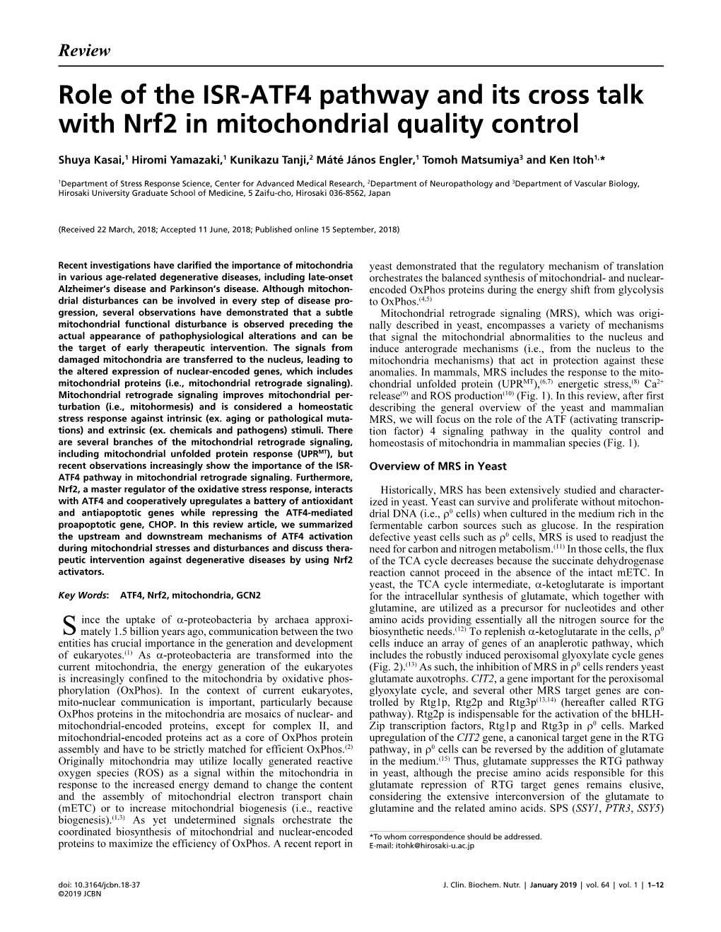 Role of the ISR ATF4 Pathway and Its Cross Talk with Nrf2 in Mitochondrial