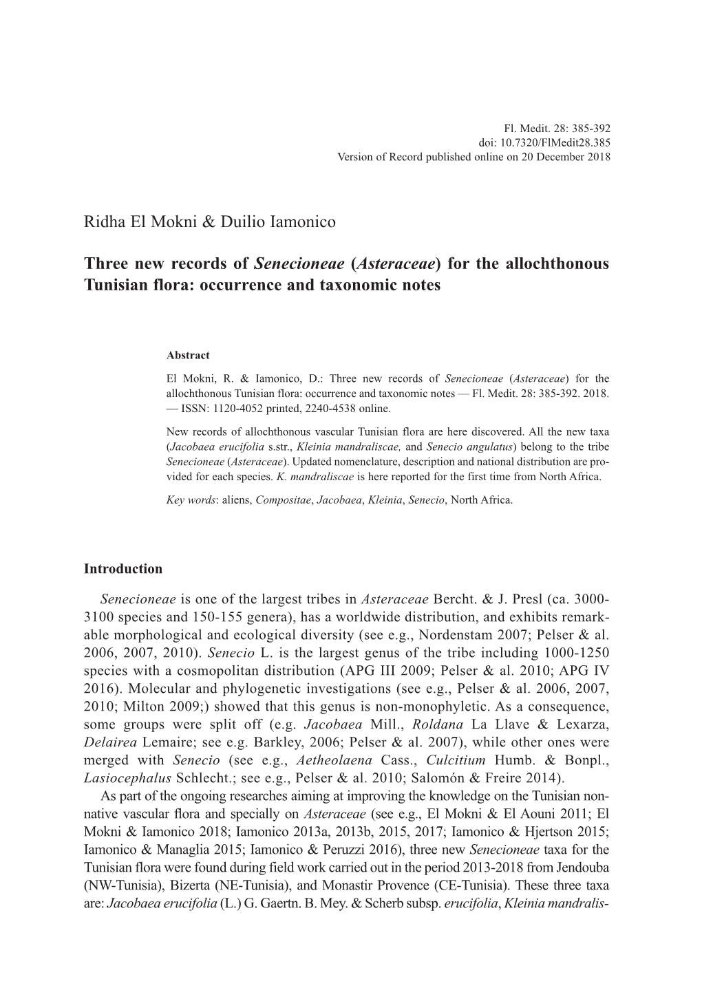 Ridha El Mokni & Duilio Iamonico Three New Records of Senecioneae (Asteraceae) for the Allochthonous Tunisian Flora: Occurre