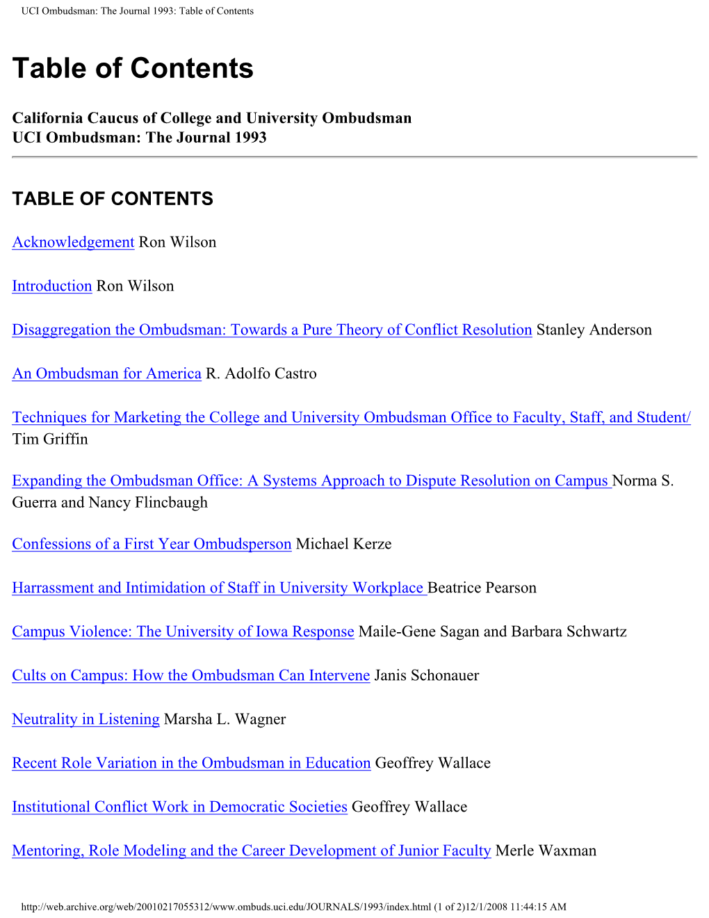 UCI Ombudsman: the Journal 1993: Table of Contents