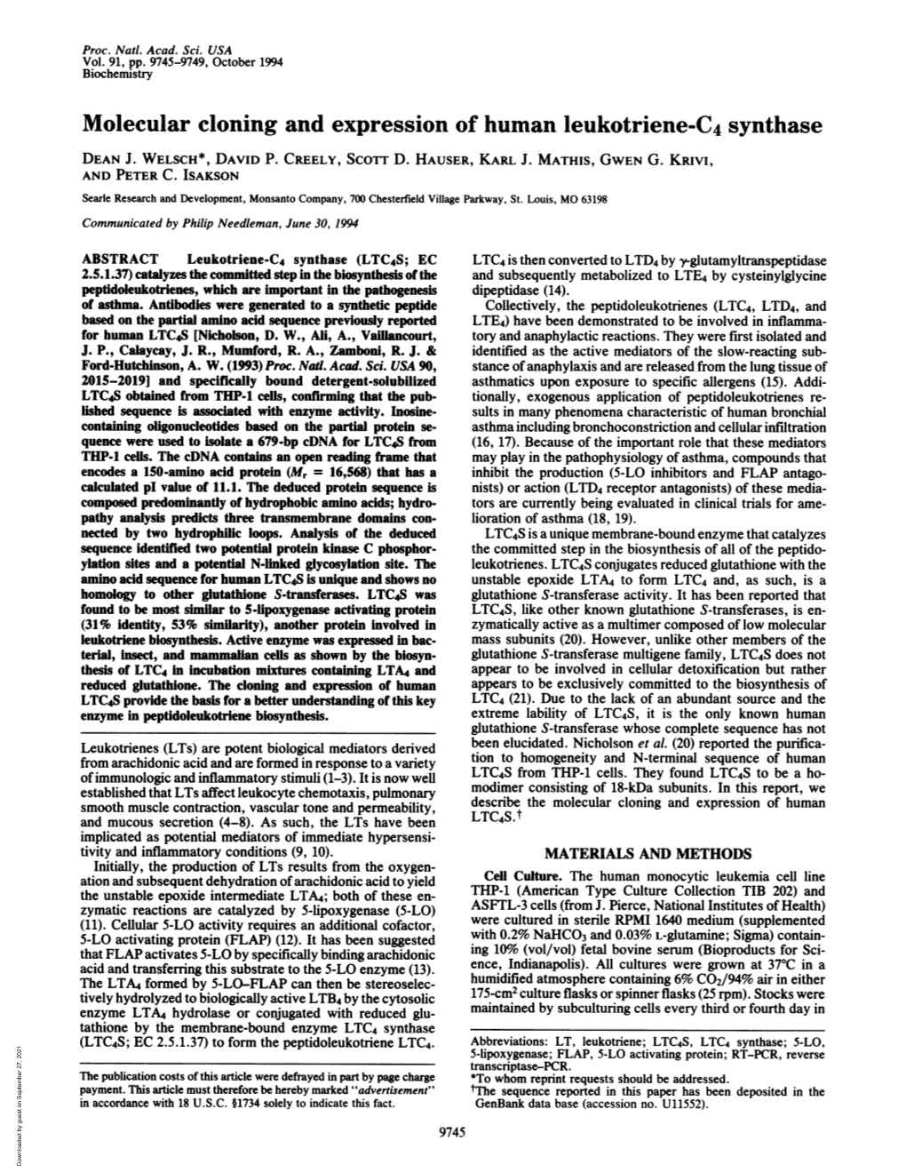 Molecular Cloning and Expression of Human Leukotriene-C4 Synthase DEAN J