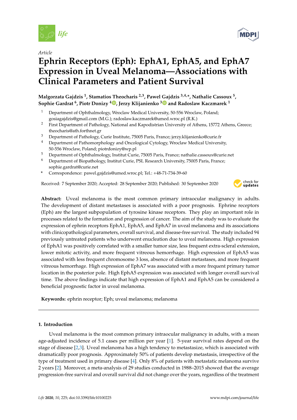 Ephrin Receptors (Eph): Epha1, Epha5, and Epha7 Expression in Uveal Melanoma—Associations with Clinical Parameters and Patient Survival