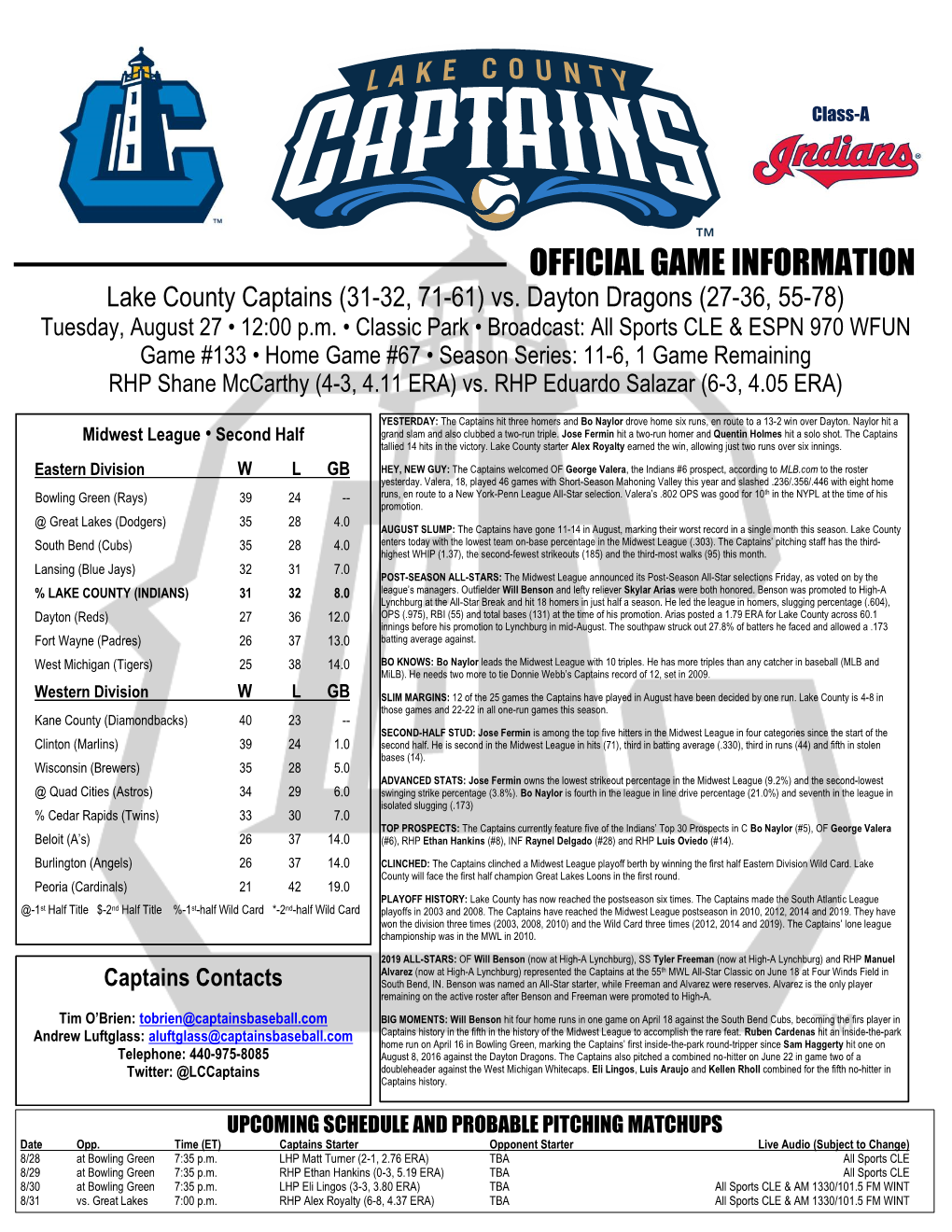 OFFICIAL GAME INFORMATION Lake County Captains (31-32, 71-61) Vs
