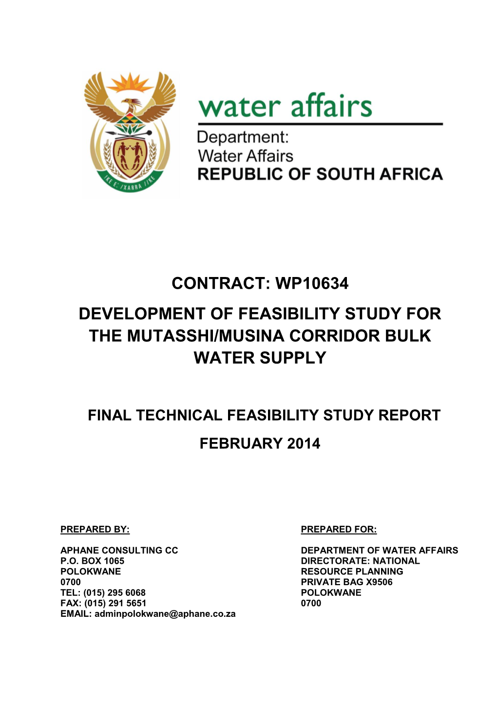 Wp10634 Development of Feasibility Study for the Mutasshi/Musina Corridor Bulk Water Supply