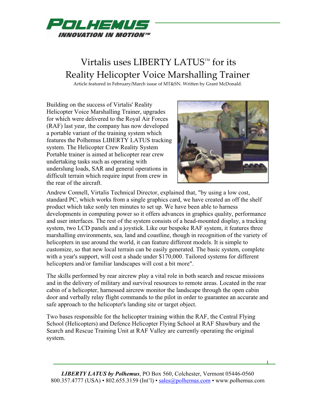 Virtalis Uses LIBERTY LATUS™ for Its Reality Helicopter Voice Marshalling Trainer Article Featured in February/March Issue of MT&SN