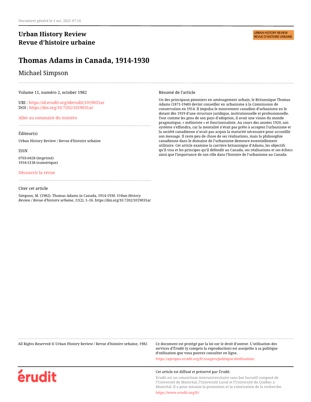 Thomas Adams in Canada, 1914-1930 Michael Simpson