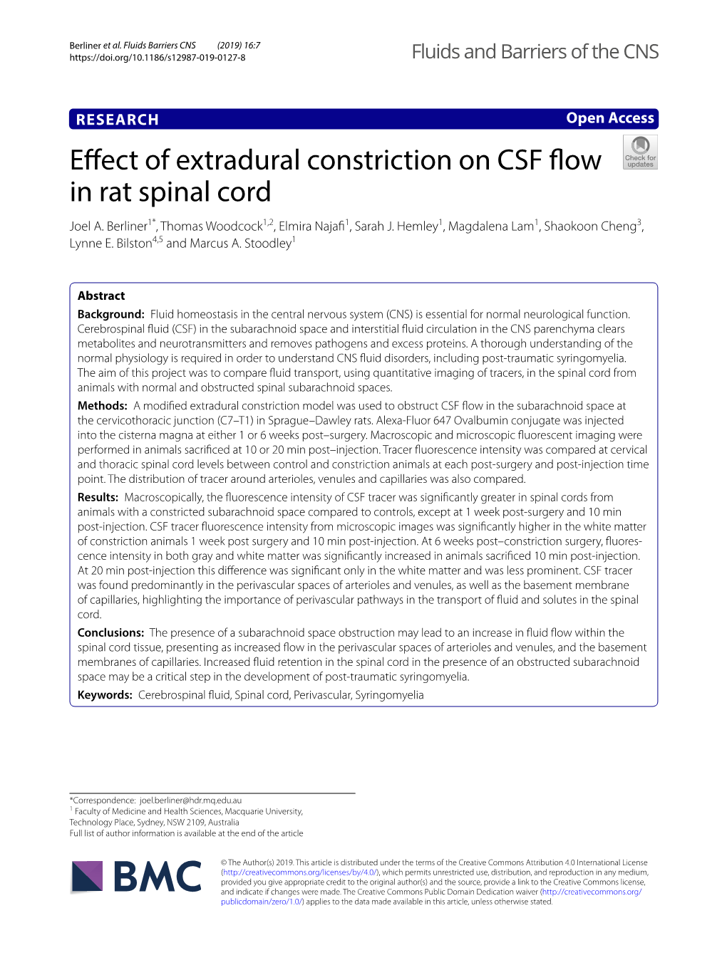 Effect of Extradural Constriction on CSF Flow in Rat Spinal Cord