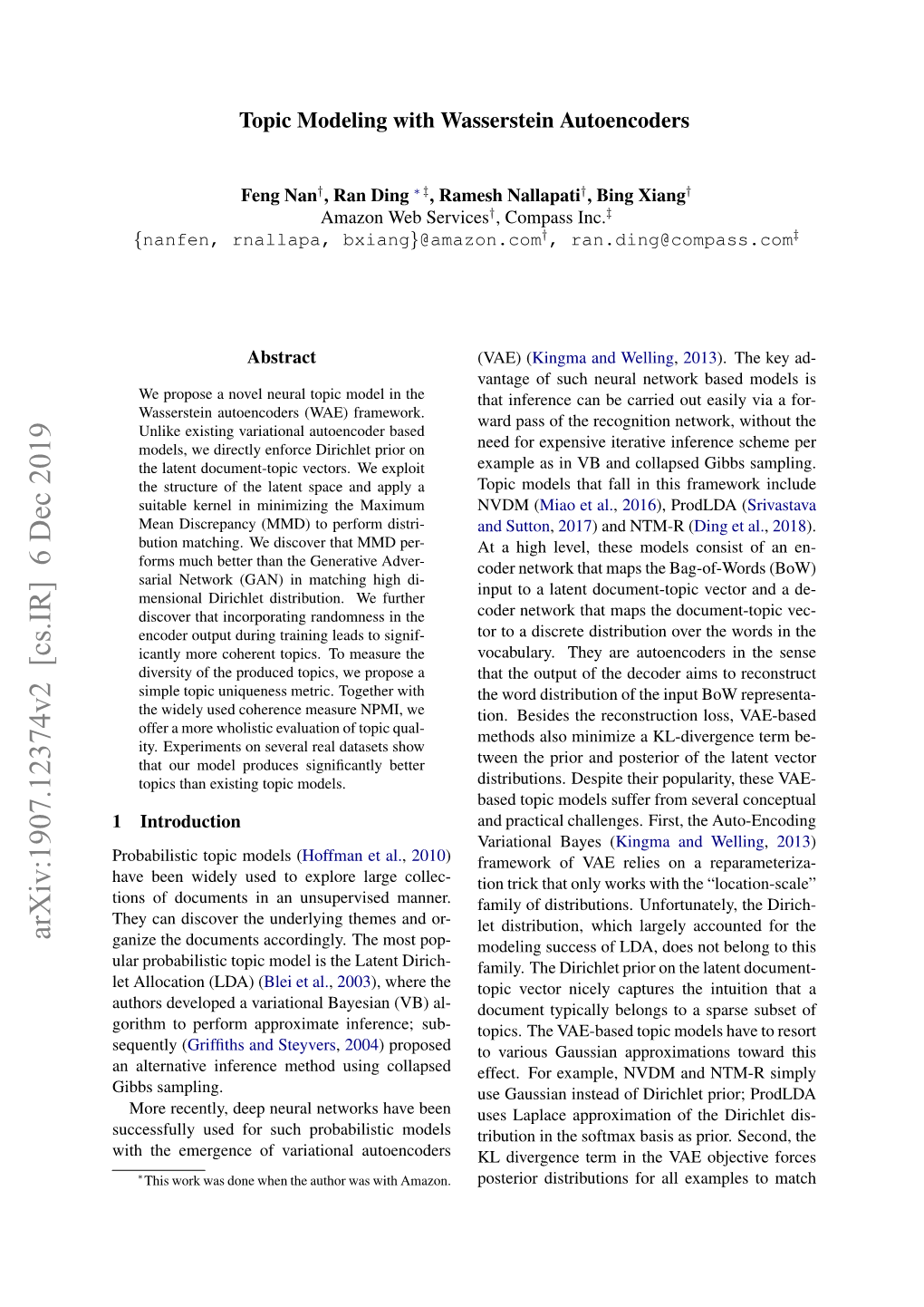 Topic Modeling with Wasserstein Autoencoders