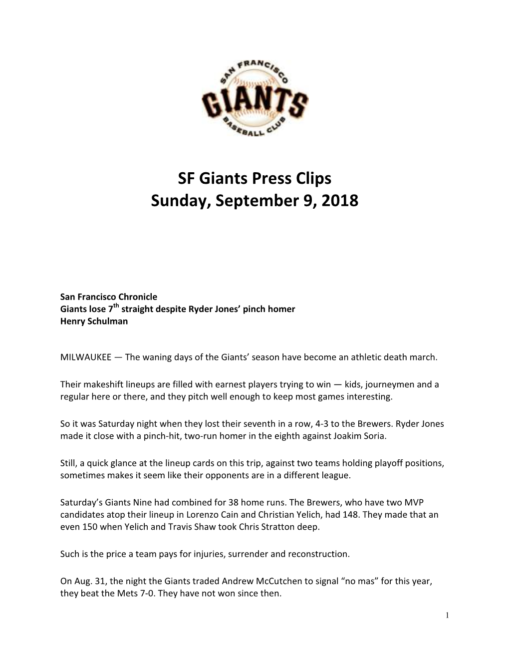 SF Giants Press Clips Sunday, September 9, 2018