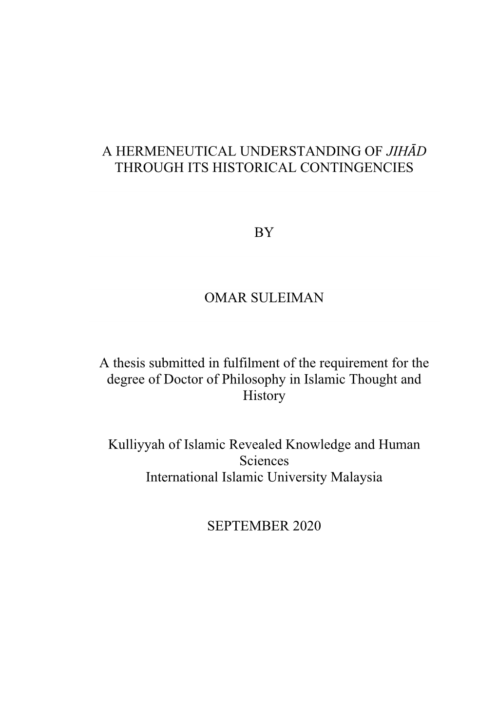 A Hermeneutical Understanding of Jihād Through Its Historical Contingencies