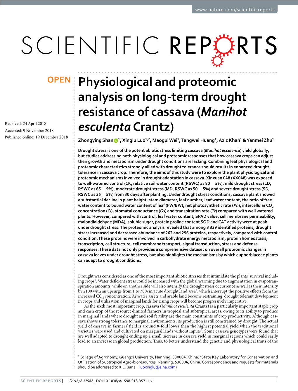 Physiological and Proteomic Analysis on Long-Term Drought Resistance of Cassava (Manihot Esculenta Crantz)